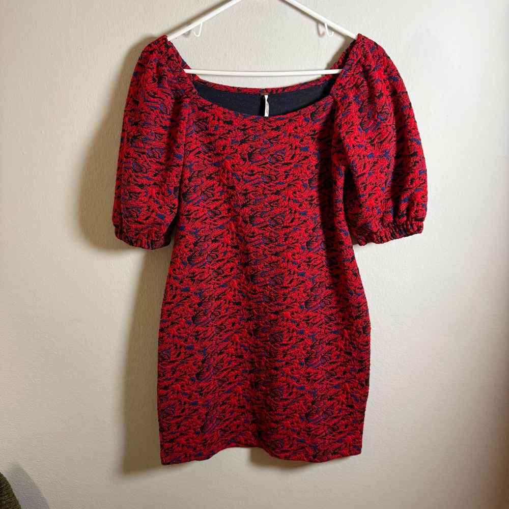 Free People Red Blue‎ Jacquard Puff Sleeve Square Neck Bodycon Mini Dress Small
